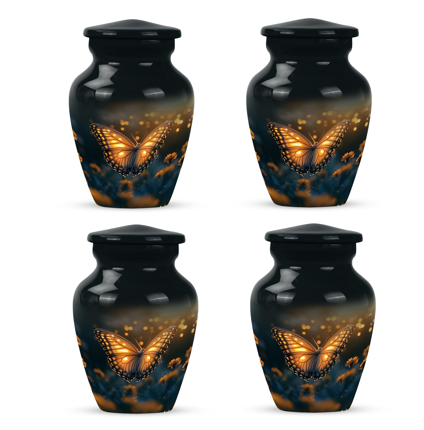 Rich Black Butterfly Cremation Urn side profile showing urn shape - timeless butterfly motif etched into premium metal - 10 inch aluminum urn for cremated remains