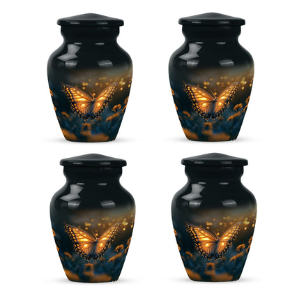 Rich Black Butterfly Cremation Urn side profile showing urn shape - timeless butterfly motif etched into premium metal - 10 inch aluminum urn for cremated remains