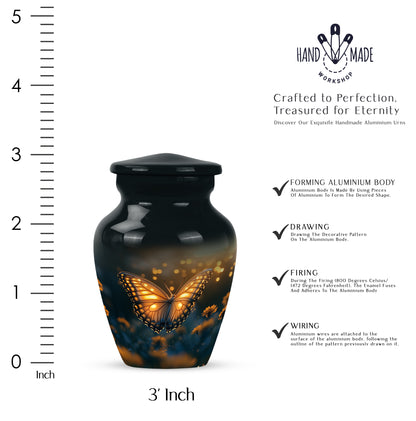 Glossy Black Butterfly Cremation Urn close-up of engraving and surface detail - timeless butterfly motif etched into premium metal - mini keepsake memorial for portion of cremation ashes