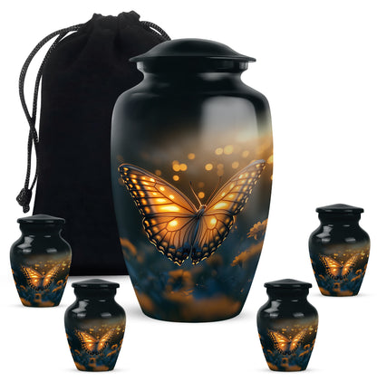 Onyx Black Butterfly Cremation Urn top-down view of secure threaded lid - elegant classic butterfly relief with fine detailing - memorial set with one large and four small urns