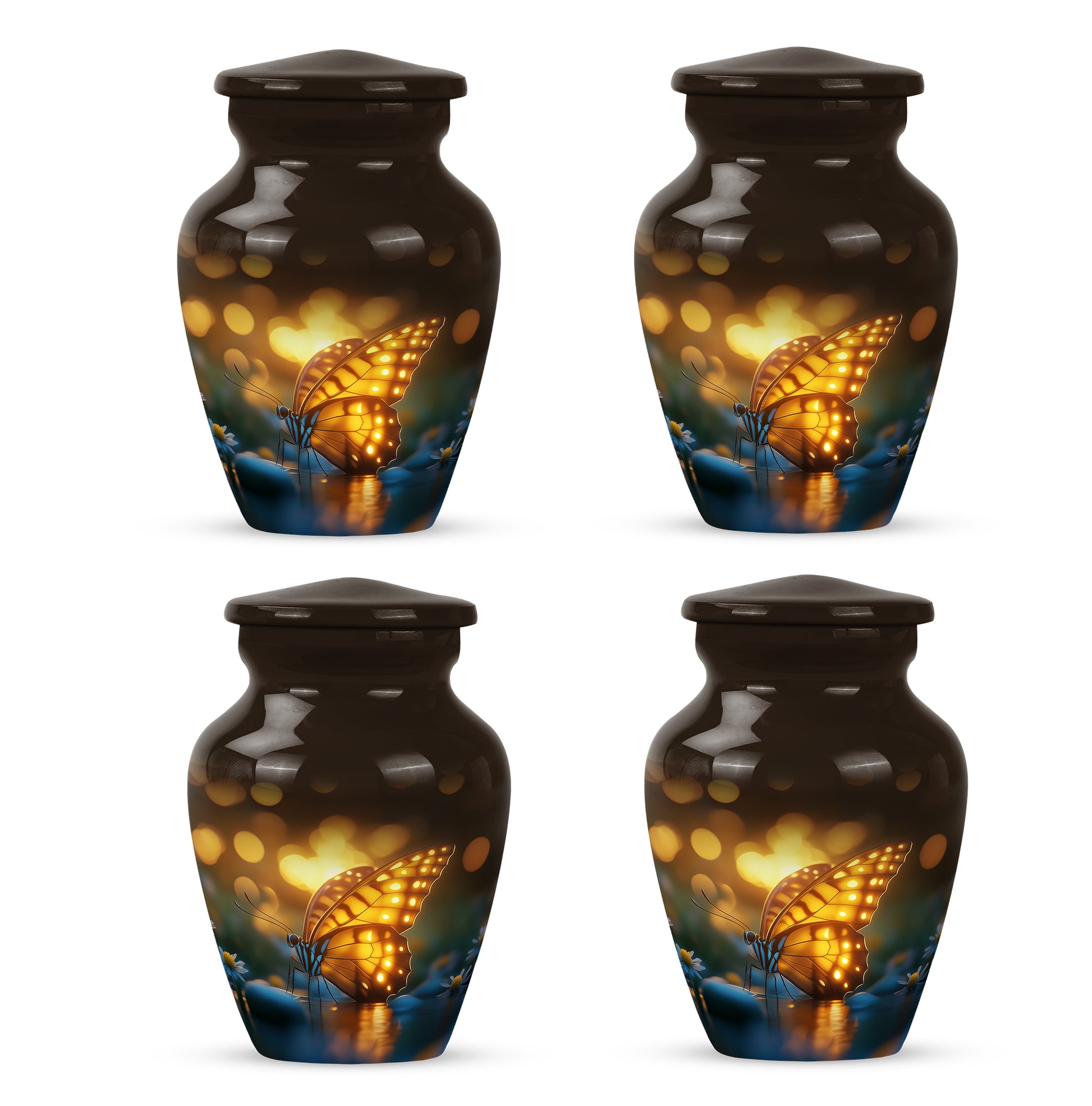 Charcoal Black Butterfly Cremation Urn side profile showing urn shape - elegant classic butterfly relief with fine detailing - 10 inch aluminum urn for cremated remains