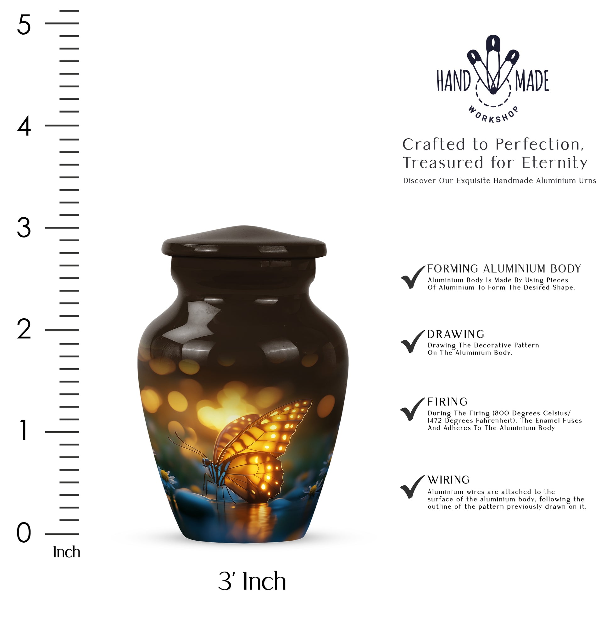 Deep Black Butterfly Cremation Urn close-up of engraving and surface detail - timeless butterfly motif etched into premium metal - mini keepsake memorial for portion of cremation ashes