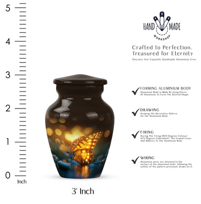 Deep Black Butterfly Cremation Urn close-up of engraving and surface detail - timeless butterfly motif etched into premium metal - mini keepsake memorial for portion of cremation ashes
