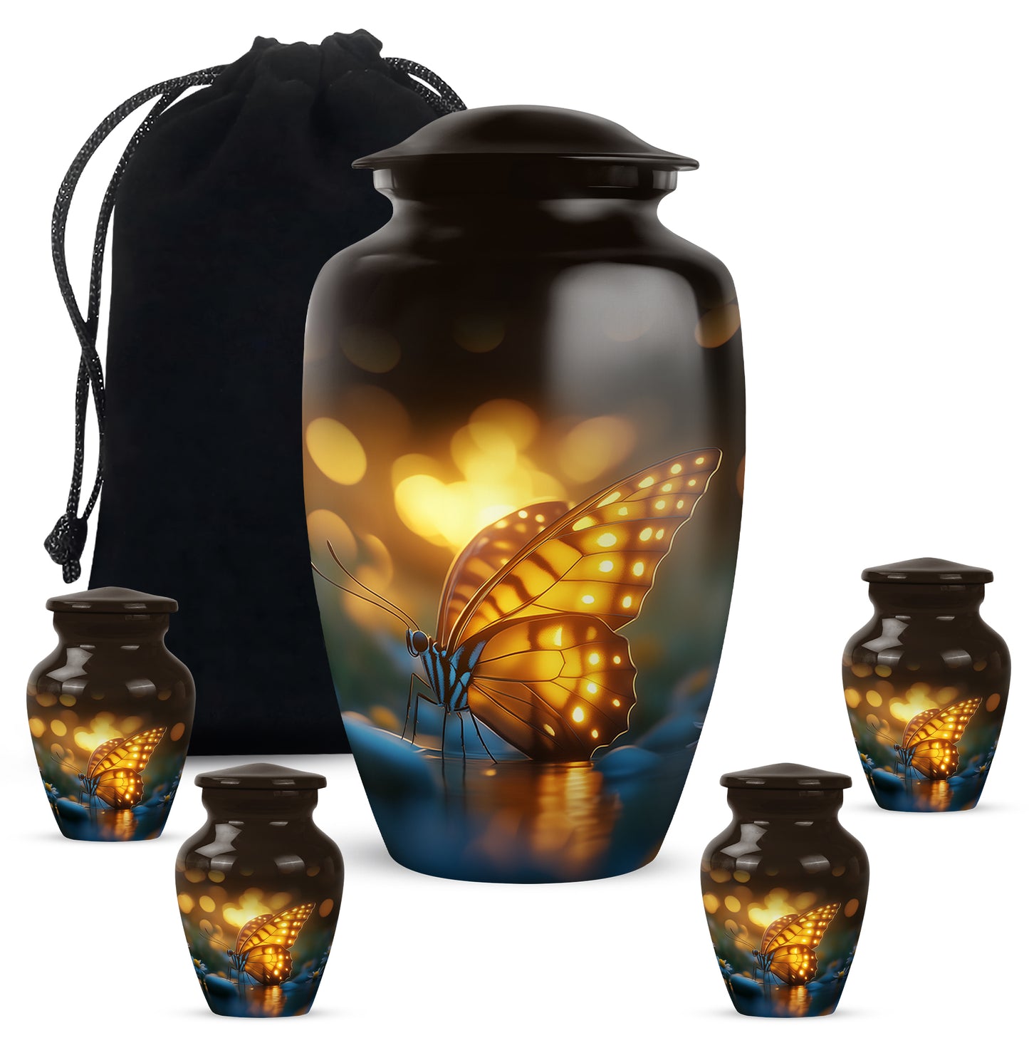 Dark Black Butterfly Cremation Urn top-down view of secure threaded lid - traditional butterfly engraving with hand-polished finish - memorial set with one large and four small urns