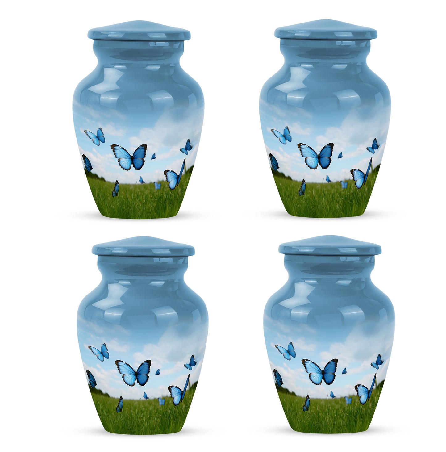 Slate Blue Butterfly Cremation Urn side profile showing urn shape - classic sculpted butterfly pattern on smooth aluminum - 10 inch aluminum urn for cremated remains