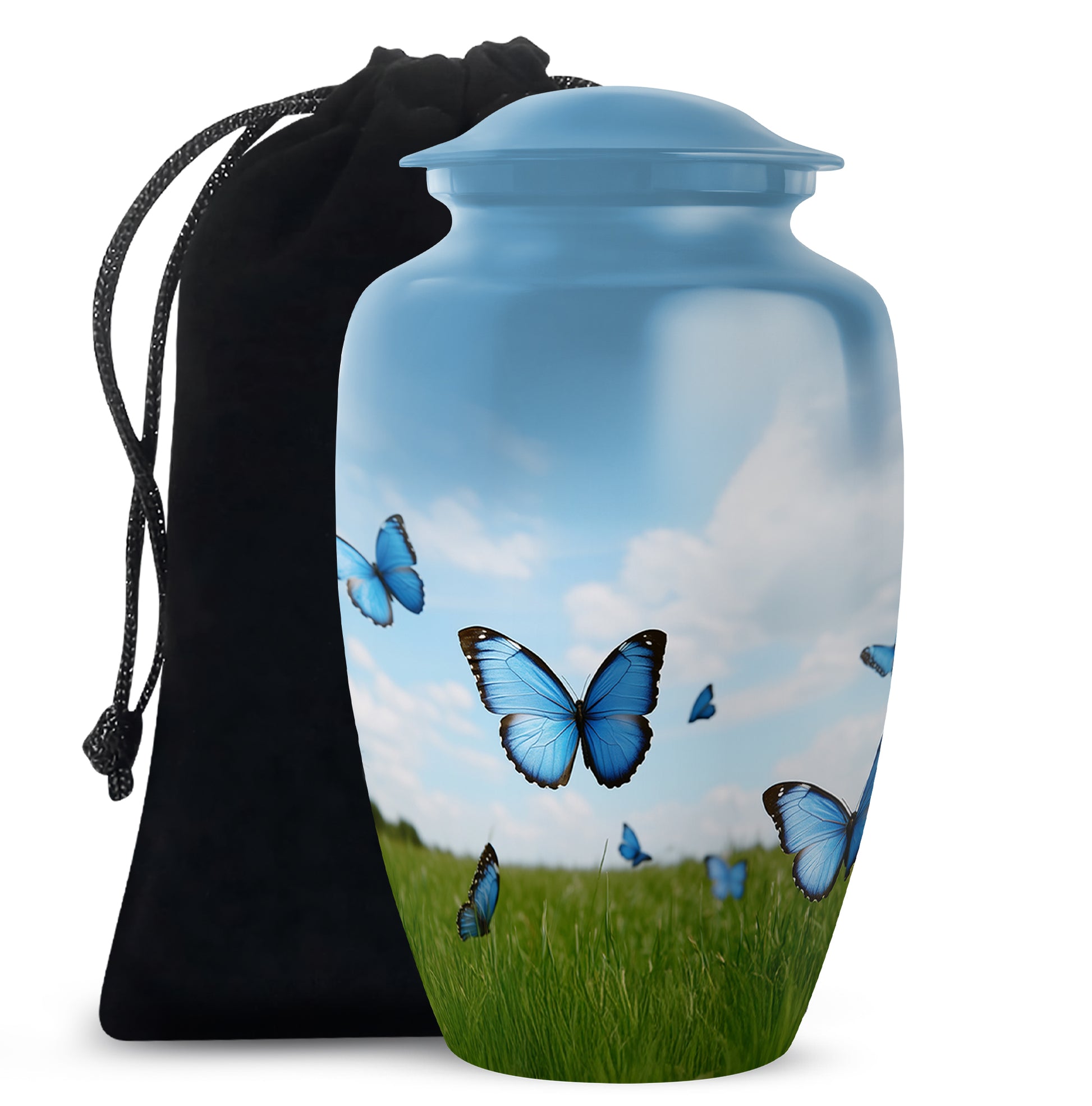 Cobalt Blue Butterfly Cremation Urn angled view of lid and engraved motif - elegant classic butterfly relief with fine detailing - full-size 10 inch 200 cubic inch adult cremation urn