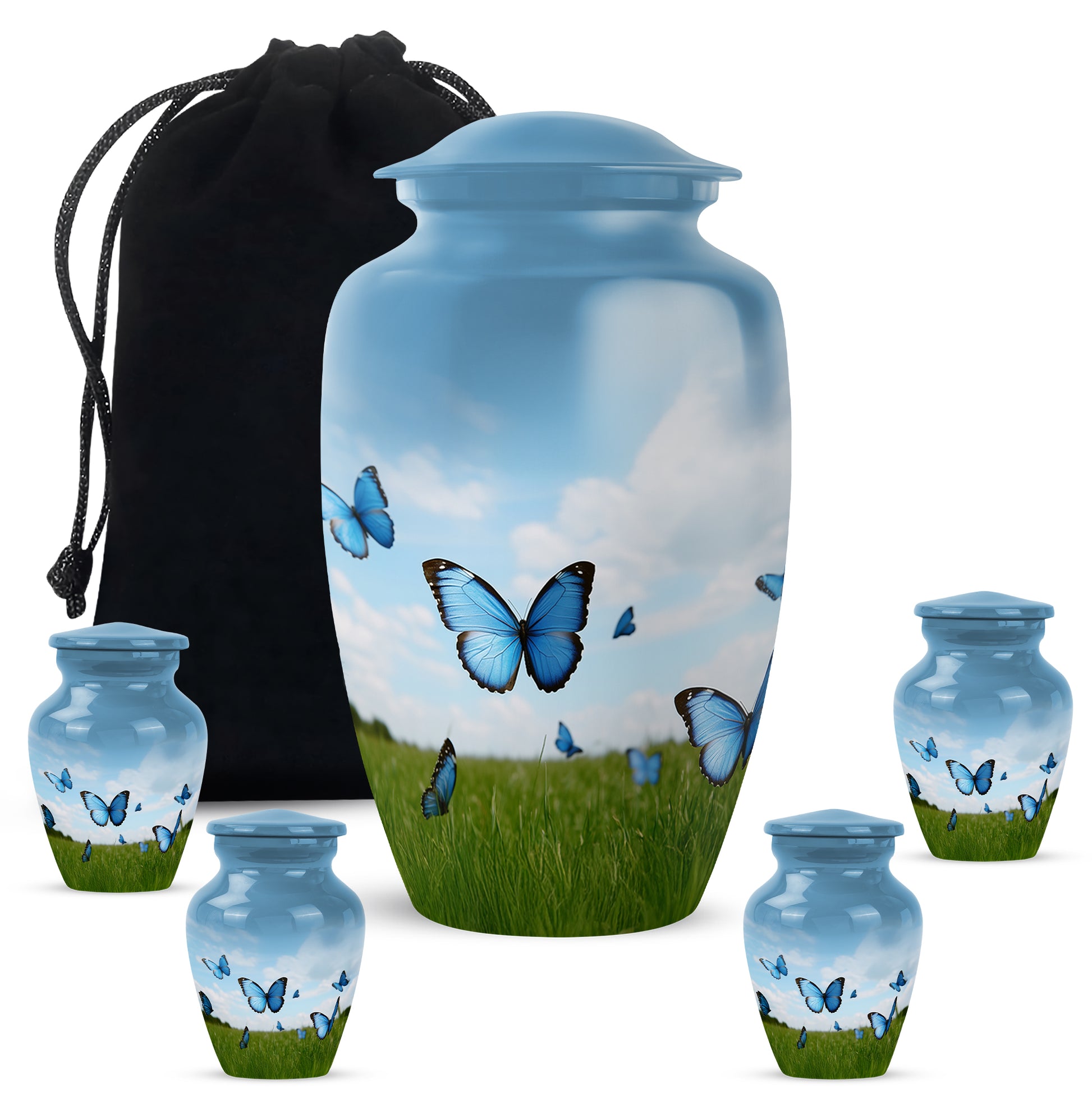 Celestial Blue Butterfly Cremation Urn top-down view of secure threaded lid - classic sculpted butterfly pattern on smooth aluminum - memorial set with one large and four small urns