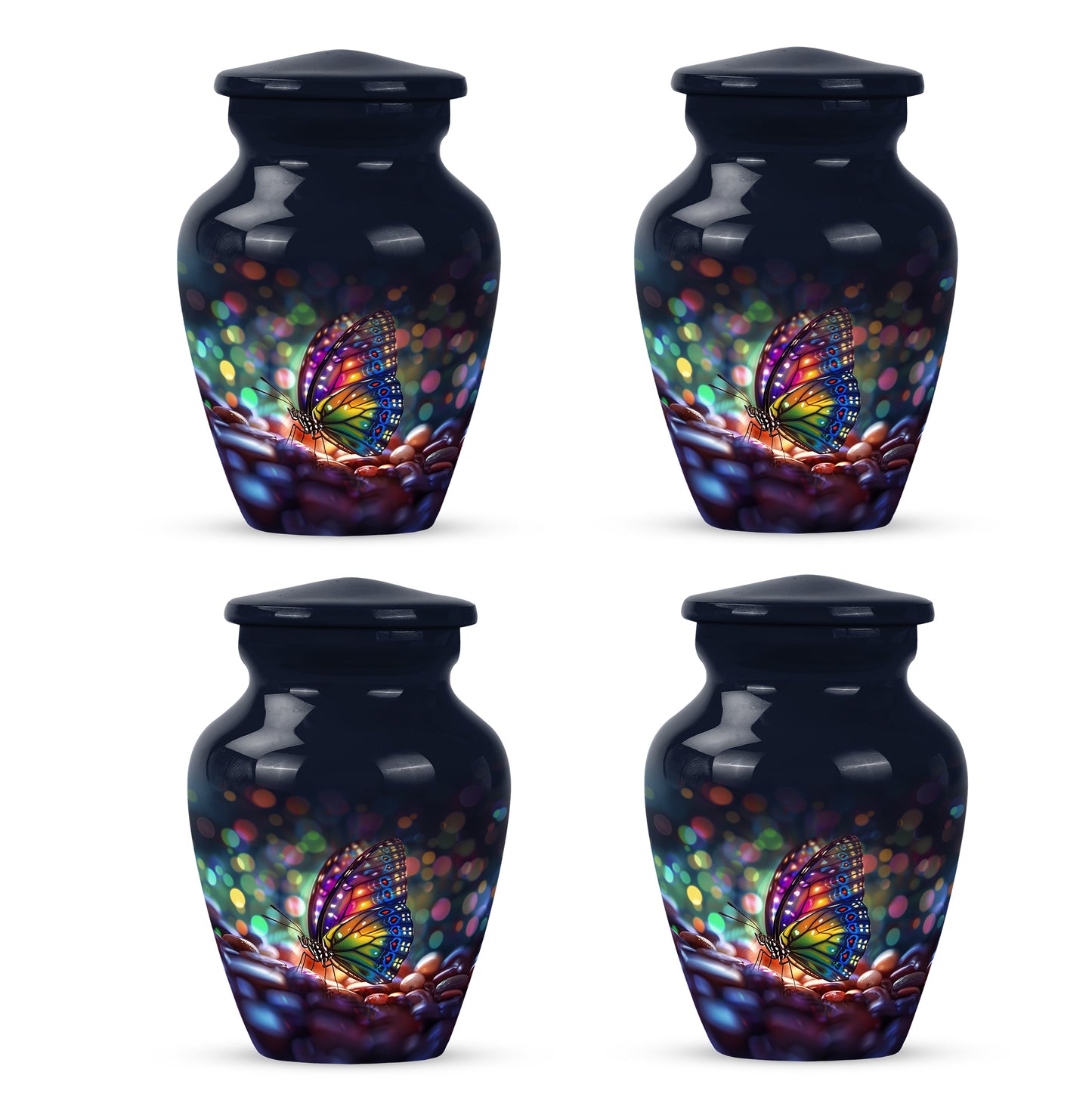 Navy Blue Butterfly Cremation Urn side profile showing urn shape - timeless butterfly motif etched into premium metal - 10 inch aluminum urn for cremated remains