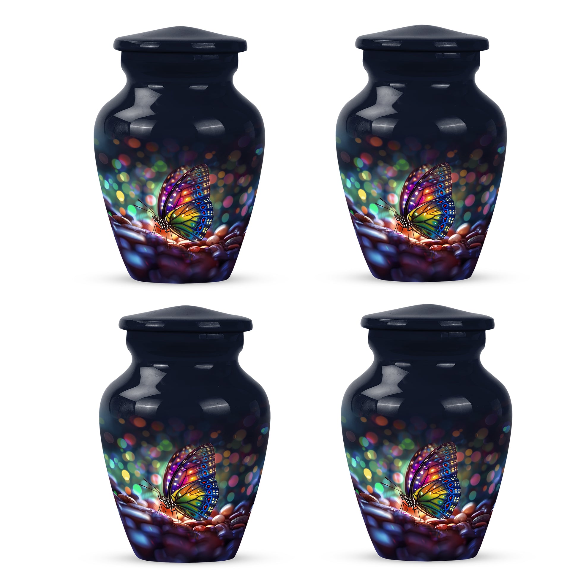 Navy Blue Butterfly Cremation Urn side profile showing urn shape - timeless butterfly motif etched into premium metal - 10 inch aluminum urn for cremated remains