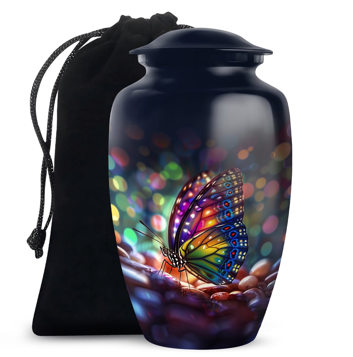 Serene Blue Butterfly Cremation Urn angled view of lid and engraved motif - elegant classic butterfly relief with fine detailing - full-size 10 inch 200 cubic inch adult cremation urn