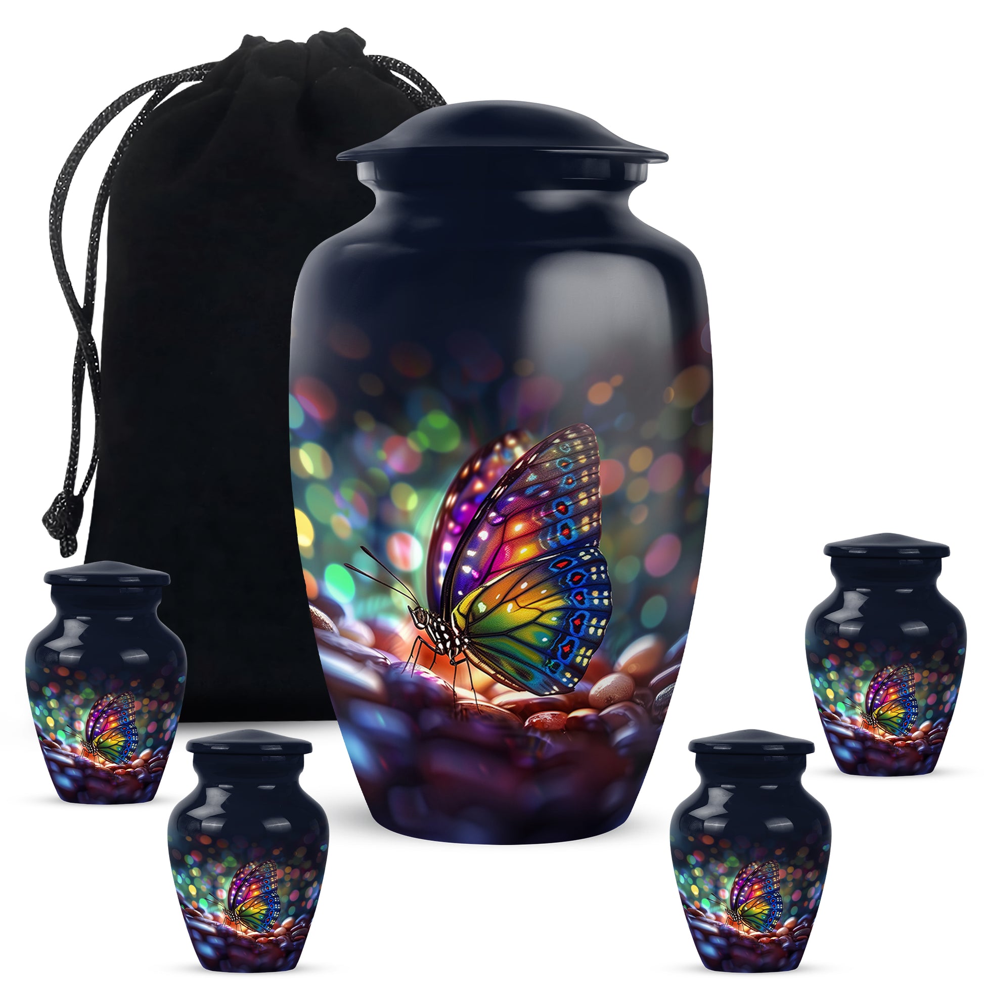 Sky Blue Butterfly Cremation Urn top-down view of secure threaded lid - classic sculpted butterfly pattern on smooth aluminum - memorial set with one large and four small urns