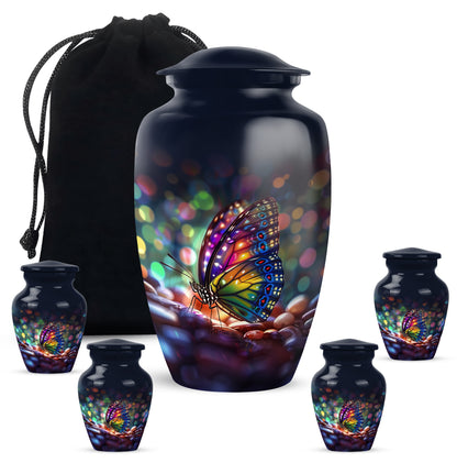 Sky Blue Butterfly Cremation Urn top-down view of secure threaded lid - classic sculpted butterfly pattern on smooth aluminum - memorial set with one large and four small urns