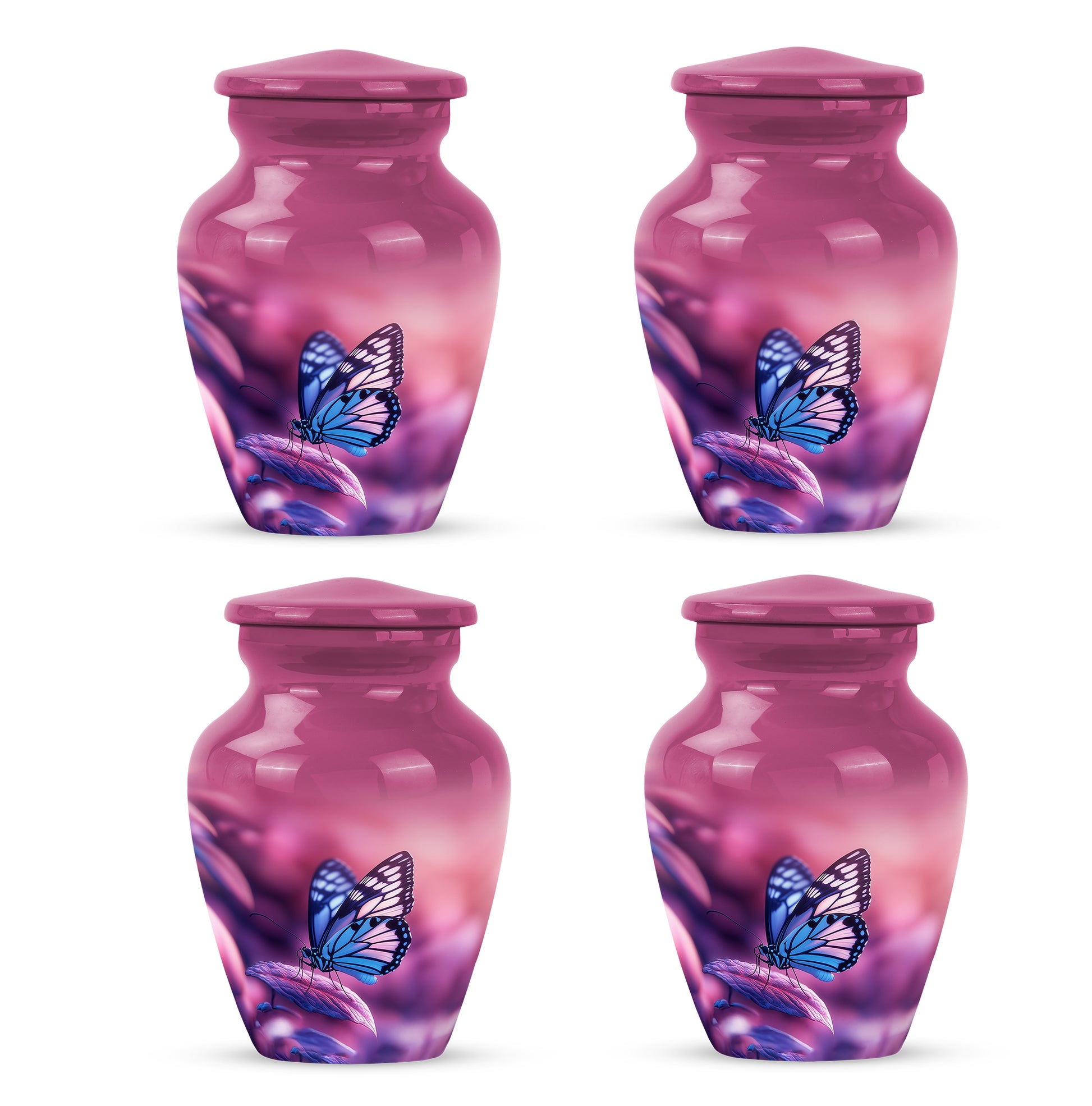 Petal Pink Butterfly Cremation Urn side profile showing urn shape - traditional butterfly engraving with hand-polished finish - 10 inch aluminum urn for cremated remains