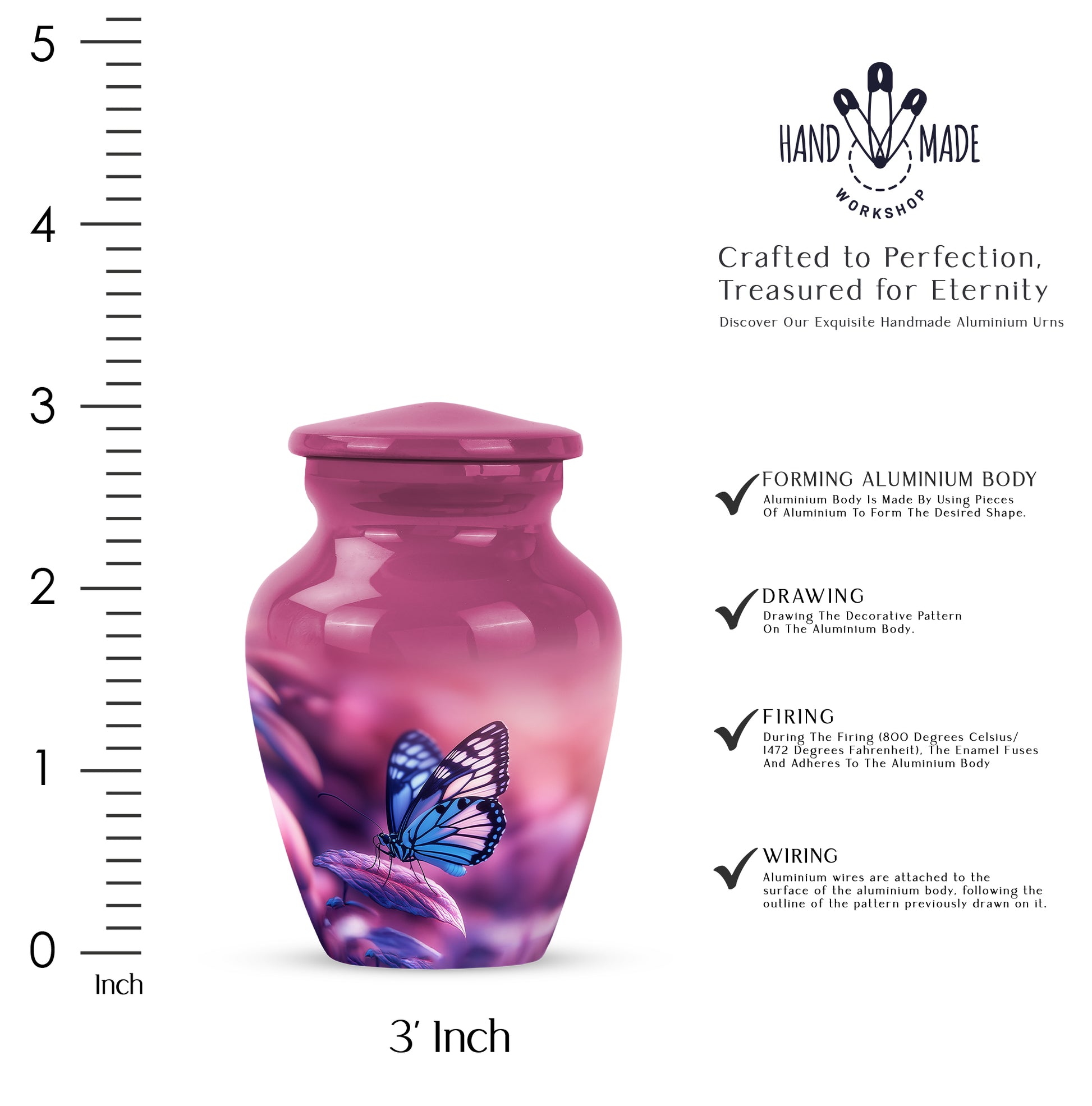 Dusty Pink Butterfly Cremation Urn close-up of engraving and surface detail - elegant classic butterfly relief with fine detailing - mini keepsake memorial for portion of cremation ashes