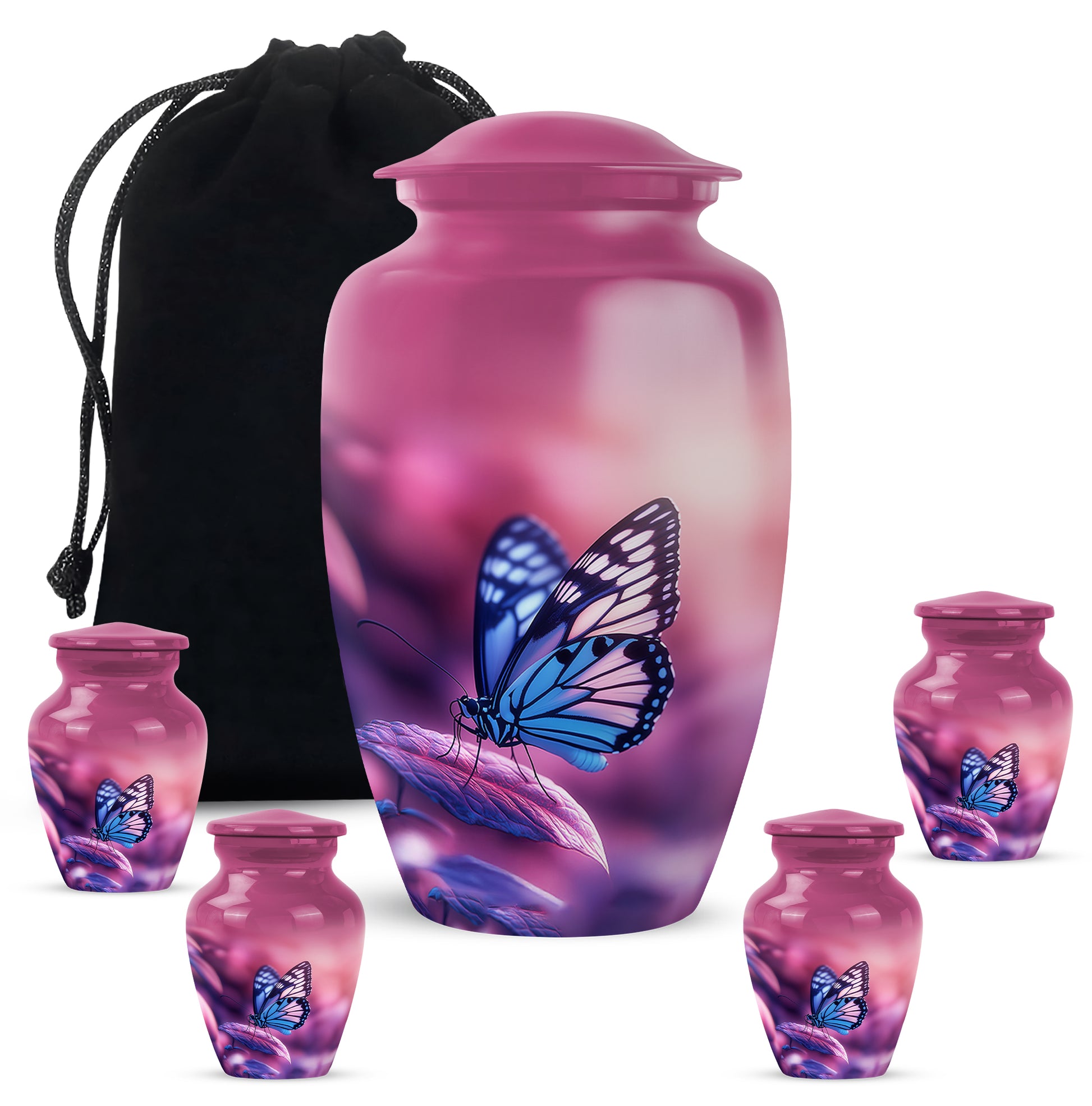 Blush Pink Butterfly Cremation Urn top-down view of secure threaded lid - classic sculpted butterfly pattern on smooth aluminum - memorial set with one large and four small urns