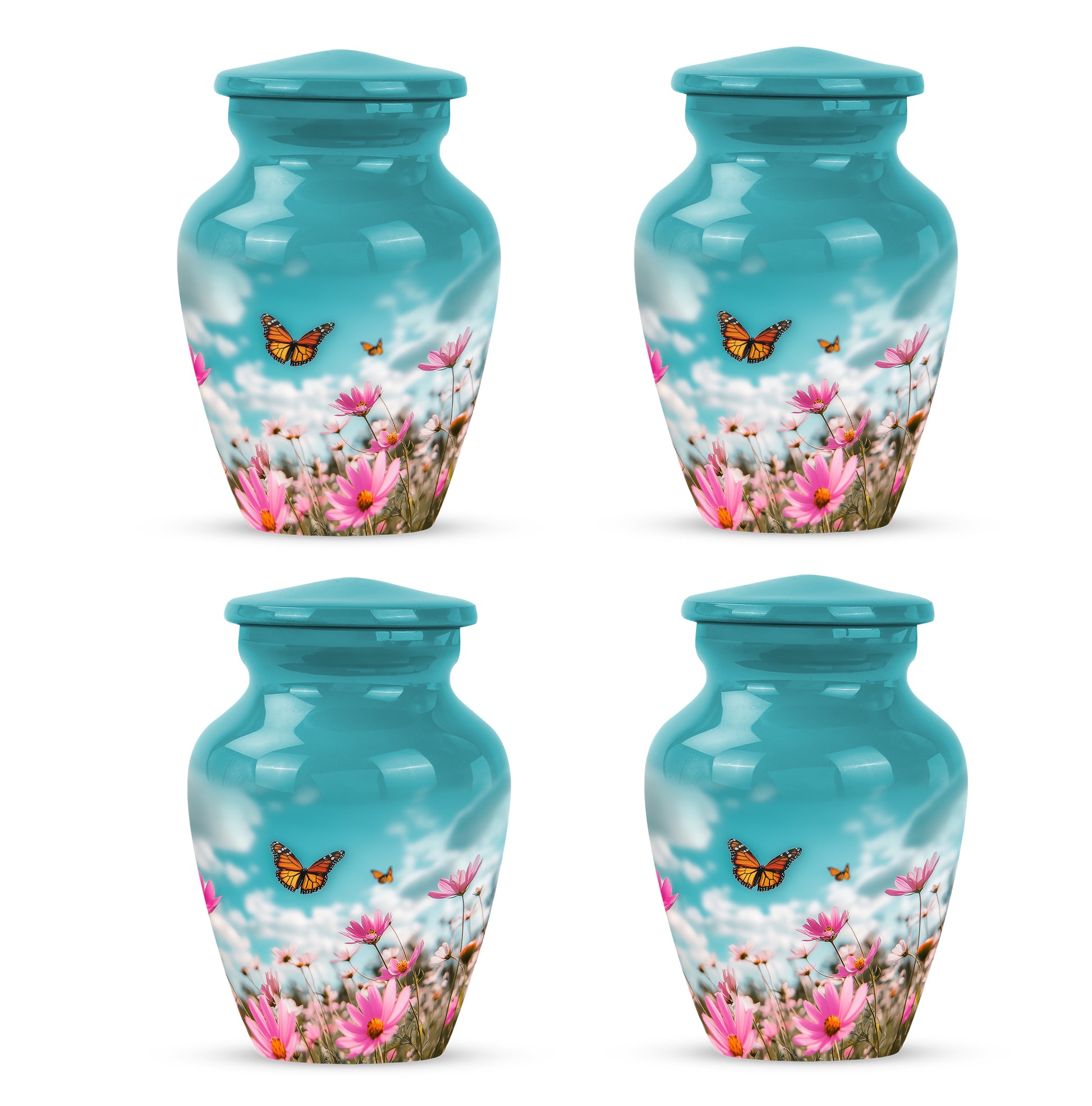 Vivid Teal Butterfly Cremation Urn side profile showing urn shape - elegant classic butterfly relief with fine detailing - 10 inch aluminum urn for cremated remains