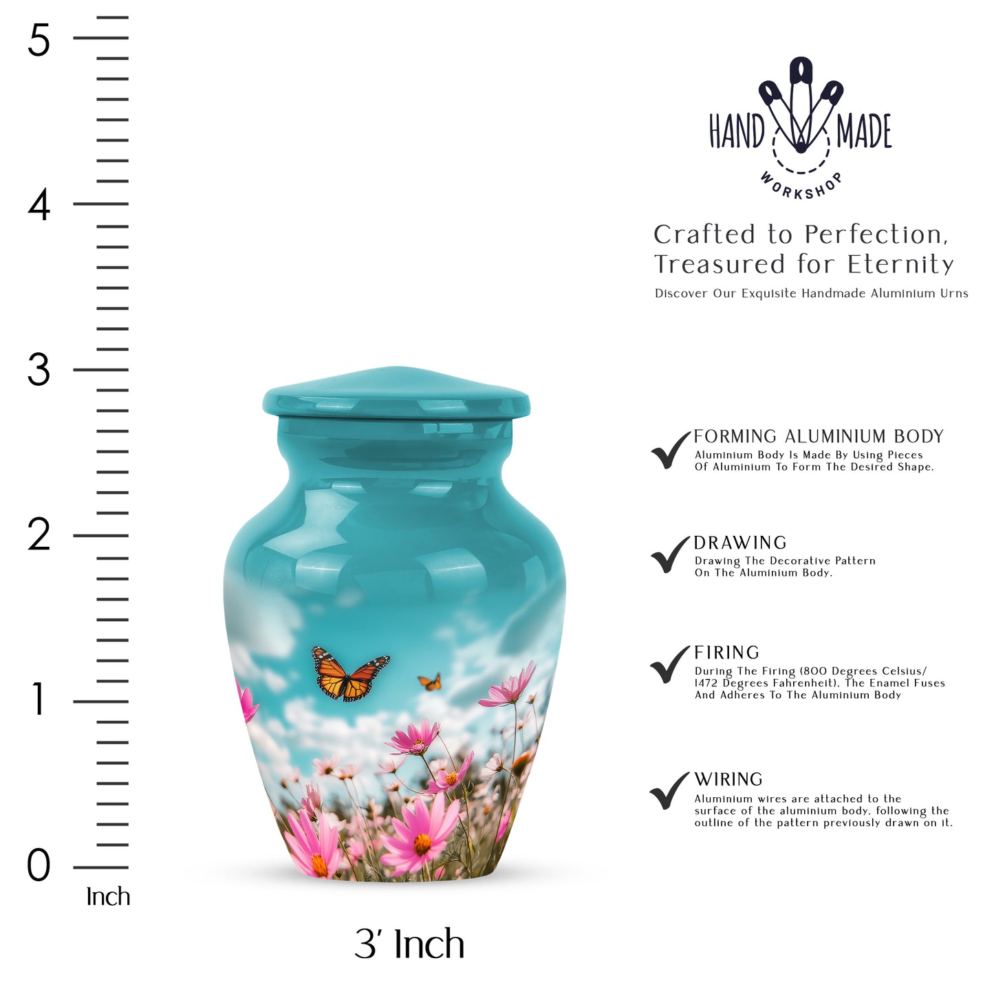 Cool Teal Butterfly Cremation Urn close-up of engraving and surface detail - classic sculpted butterfly pattern on smooth aluminum - mini keepsake memorial for portion of cremation ashes