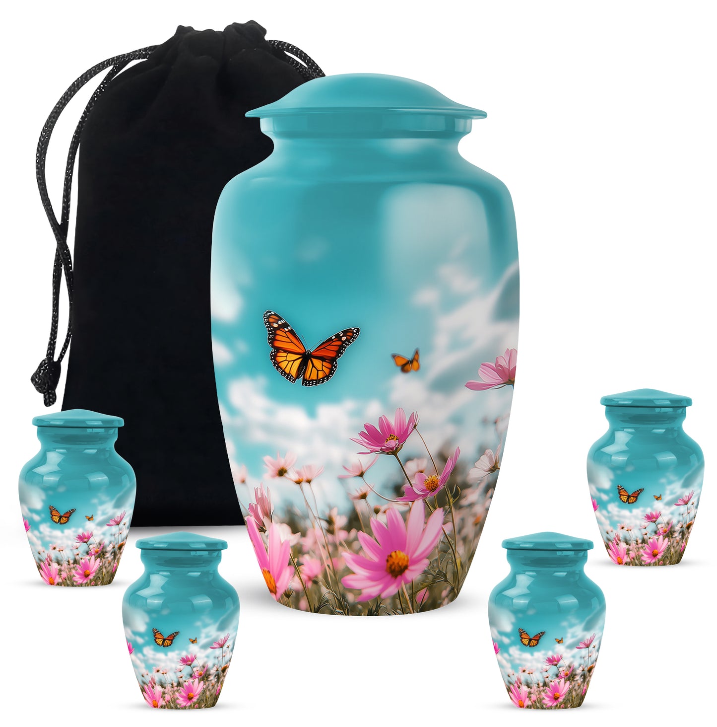Tropical Teal Butterfly Cremation Urn top-down view of secure threaded lid - elegant classic butterfly relief with fine detailing - memorial set with one large and four small urns