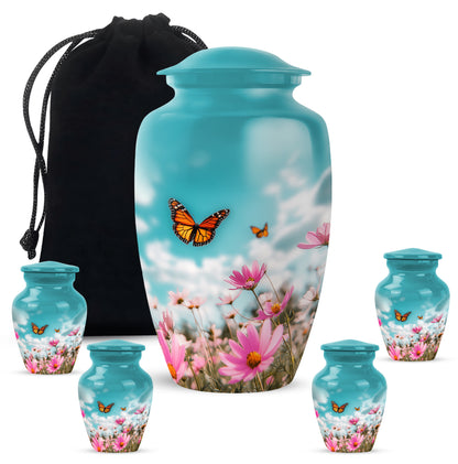 Tropical Teal Butterfly Cremation Urn top-down view of secure threaded lid - elegant classic butterfly relief with fine detailing - memorial set with one large and four small urns
