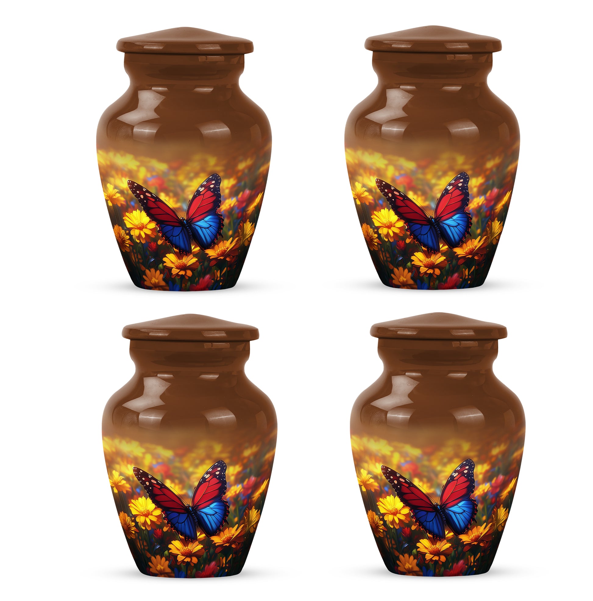 Sunrise Gold Butterfly Cremation Urn side profile showing urn shape - classic sculpted butterfly pattern on smooth aluminum - 10 inch aluminum urn for cremated remains
