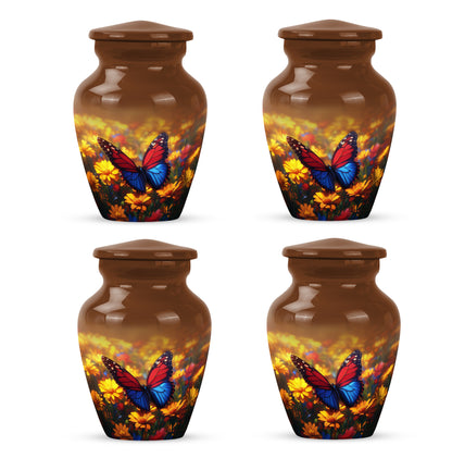 Sunrise Gold Butterfly Cremation Urn side profile showing urn shape - classic sculpted butterfly pattern on smooth aluminum - 10 inch aluminum urn for cremated remains