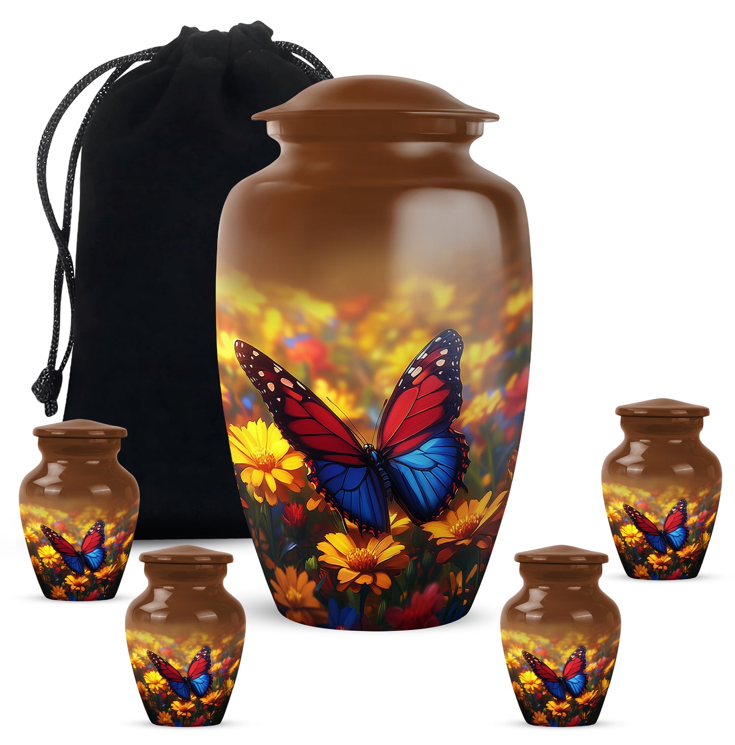 Matte Gold Butterfly Cremation Urn top-down view of secure threaded lid - traditional butterfly engraving with hand-polished finish - memorial set with one large and four small urns