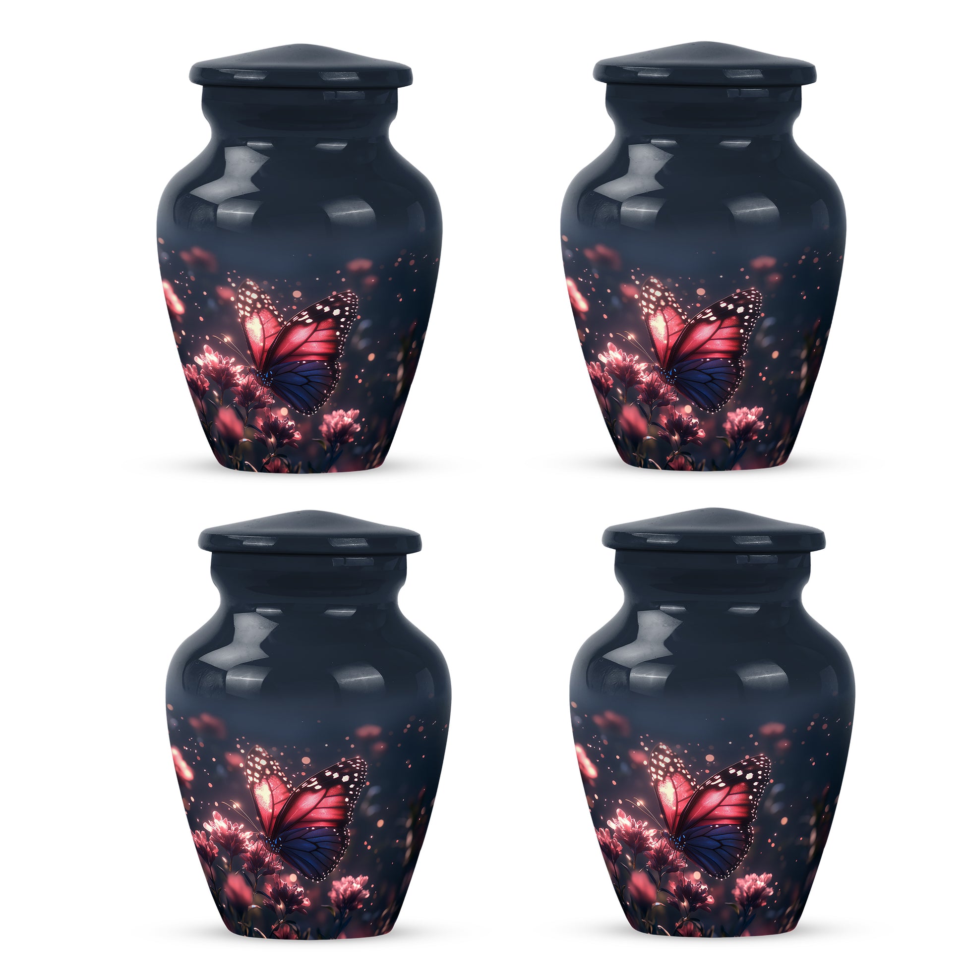 Indigo Butterfly Cremation Urn side profile showing urn shape - timeless butterfly motif etched into premium metal - 10 inch aluminum urn for cremated remains