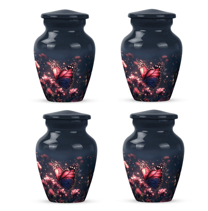 Indigo Butterfly Cremation Urn side profile showing urn shape - timeless butterfly motif etched into premium metal - 10 inch aluminum urn for cremated remains