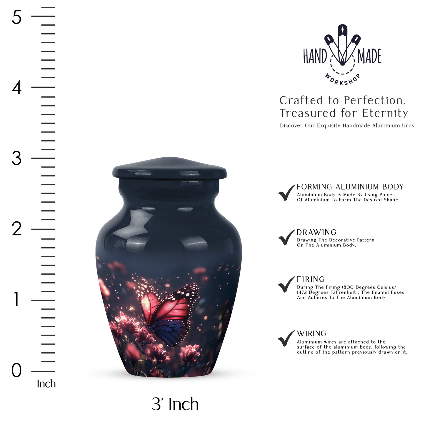 Navy Blue Butterfly Cremation Urn close-up of engraving and surface detail - classic sculpted butterfly pattern on smooth aluminum - mini keepsake memorial for portion of cremation ashes
