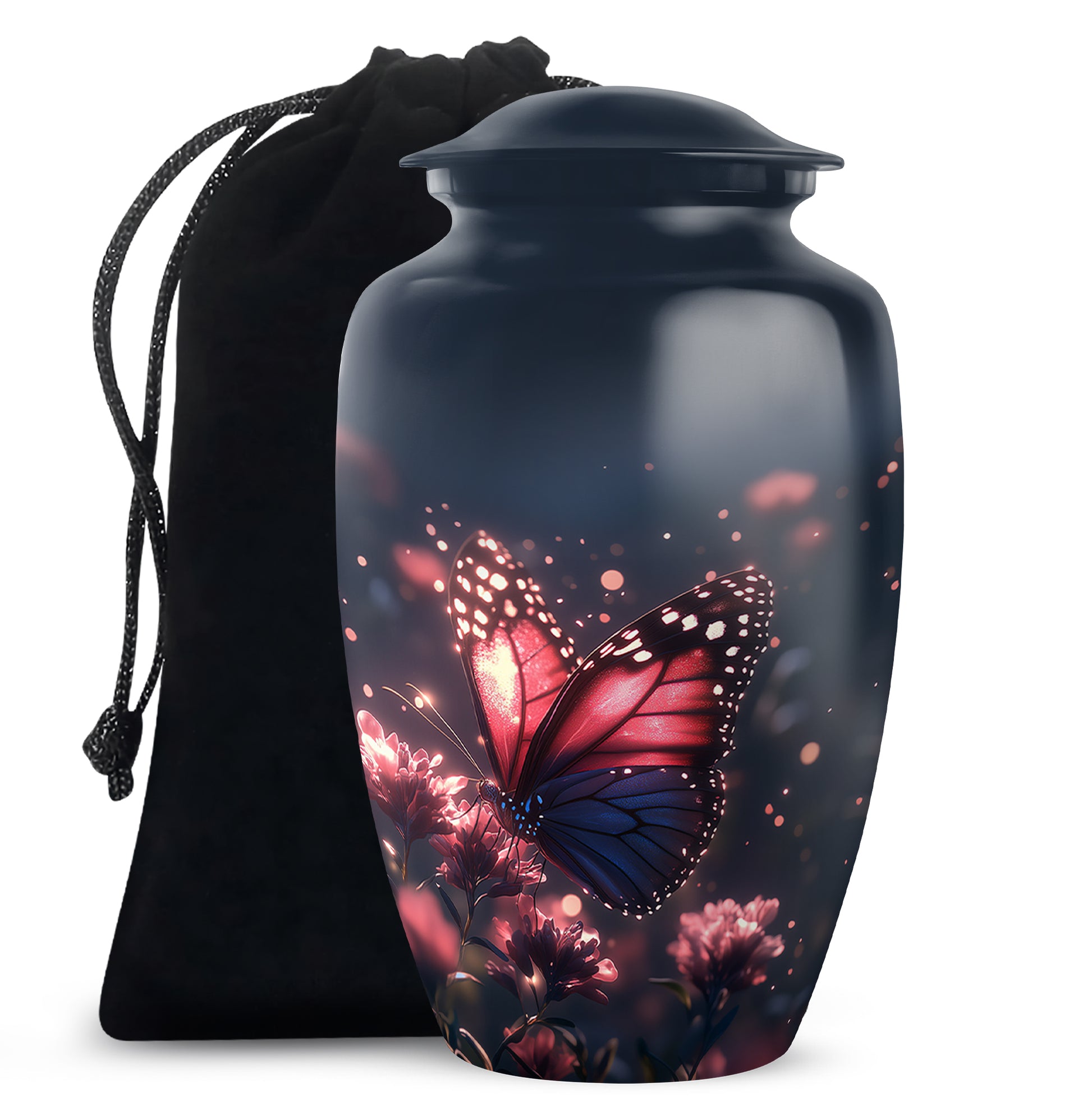 Twilight Blue Butterfly Cremation Urn angled view of lid and engraved motif - traditional butterfly engraving with hand-polished finish - full-size 10 inch 200 cubic inch adult cremation urn