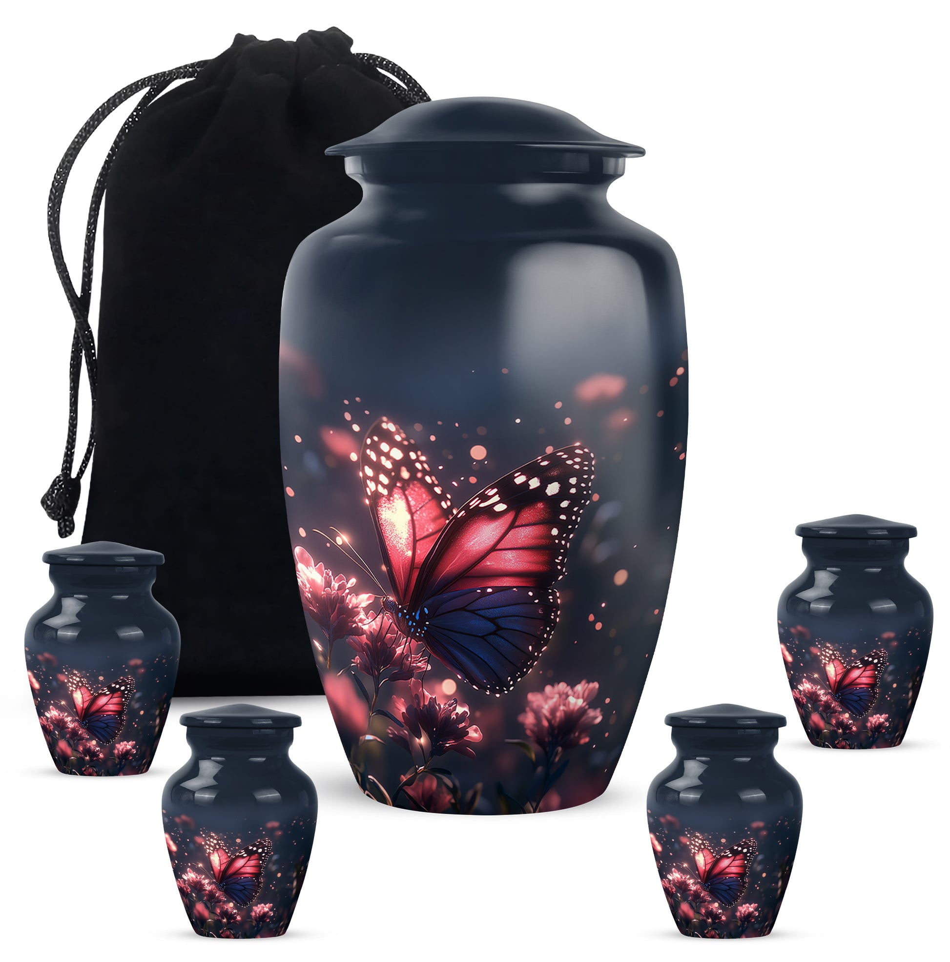 Icy Blue Butterfly Cremation Urn top-down view of secure threaded lid - classic sculpted butterfly pattern on smooth aluminum - memorial set with one large and four small urns