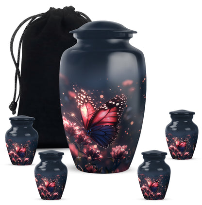Icy Blue Butterfly Cremation Urn top-down view of secure threaded lid - classic sculpted butterfly pattern on smooth aluminum - memorial set with one large and four small urns
