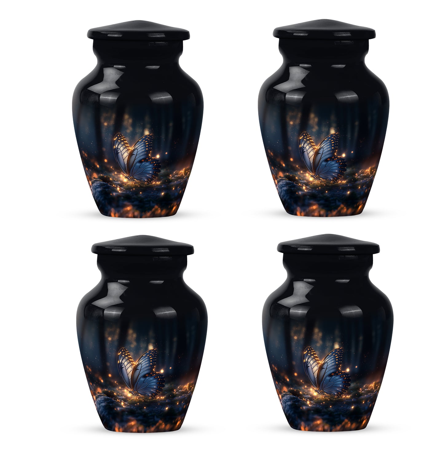 Ebony Butterfly Cremation Urn side profile showing urn shape - timeless butterfly motif etched into premium metal - 10 inch aluminum urn for cremated remains