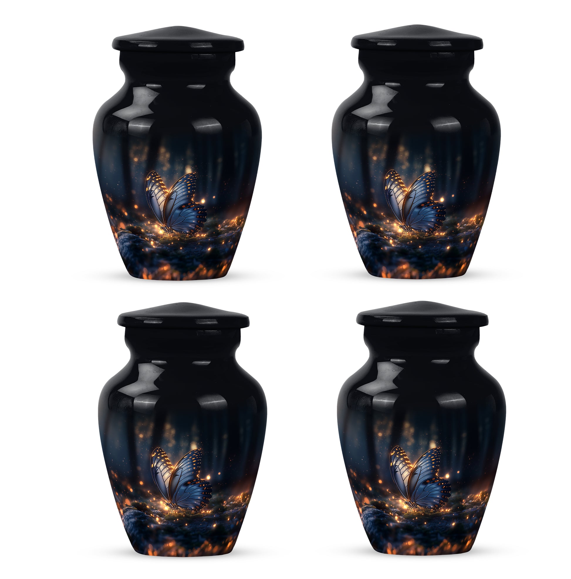 Ebony Butterfly Cremation Urn side profile showing urn shape - timeless butterfly motif etched into premium metal - 10 inch aluminum urn for cremated remains