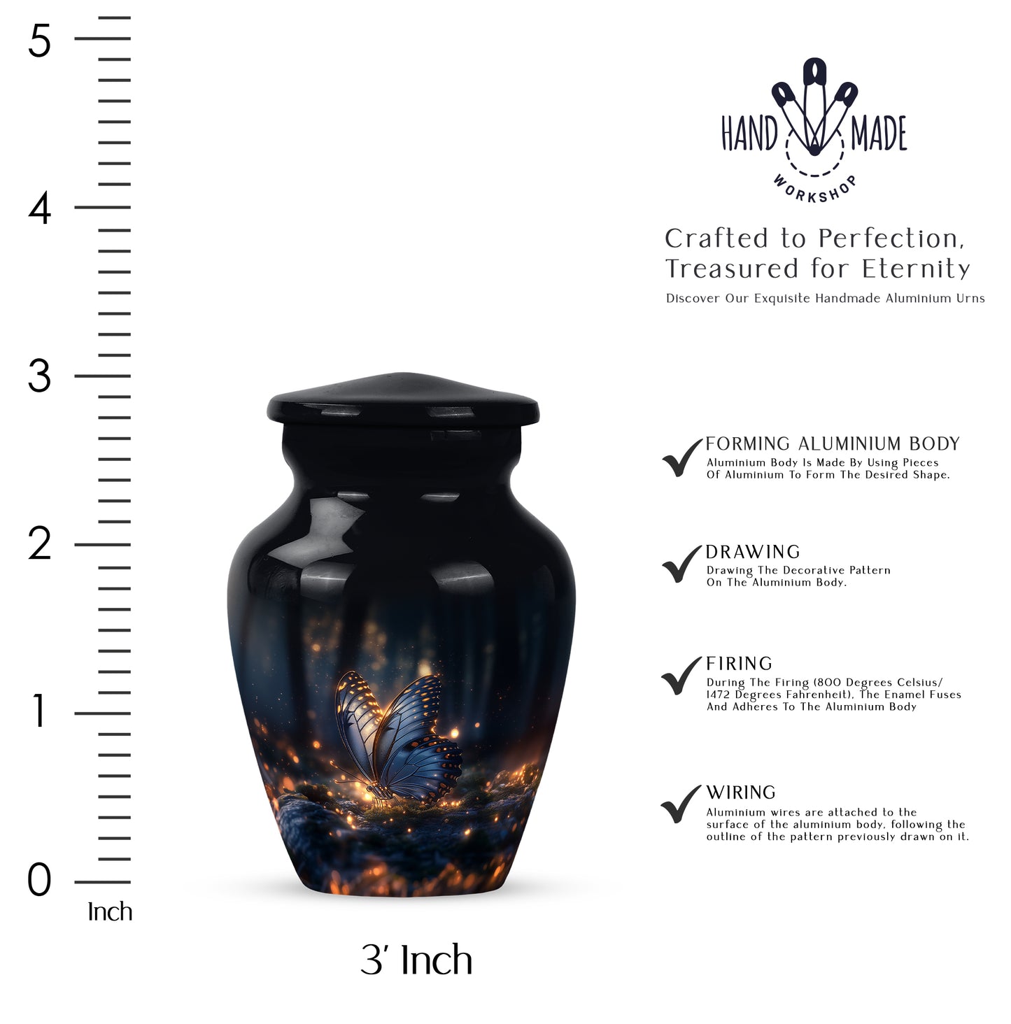 Charcoal Black Butterfly Cremation Urn close-up of engraving and surface detail - elegant classic butterfly relief with fine detailing - mini keepsake memorial for portion of cremation ashes