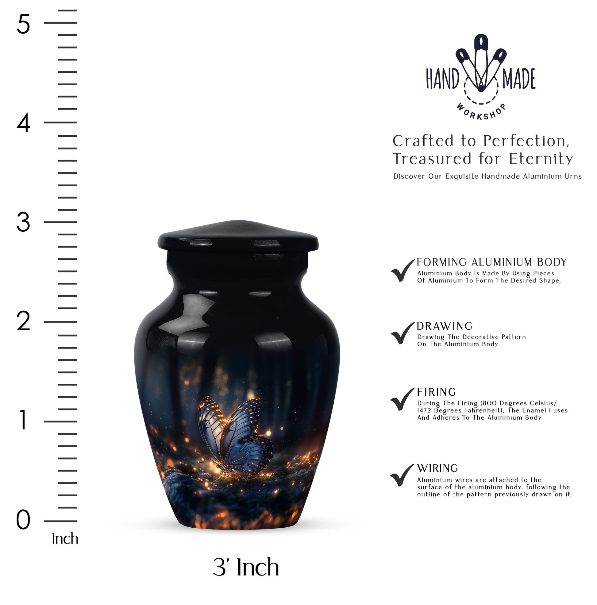 Charcoal Black Butterfly Cremation Urn close-up of engraving and surface detail - elegant classic butterfly relief with fine detailing - mini keepsake memorial for portion of cremation ashes