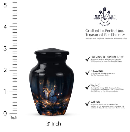 Charcoal Black Butterfly Cremation Urn close-up of engraving and surface detail - elegant classic butterfly relief with fine detailing - mini keepsake memorial for portion of cremation ashes