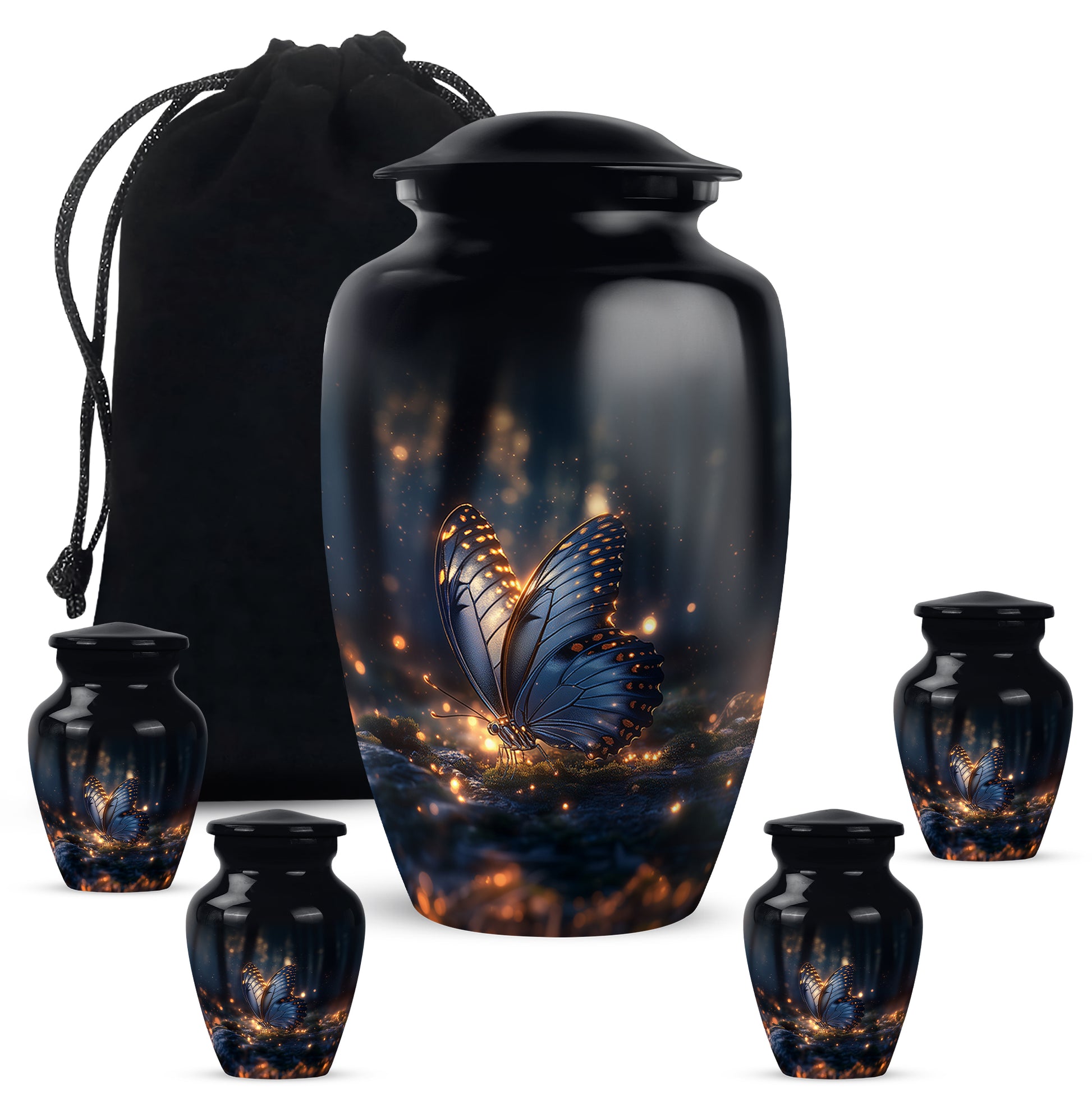 Ebony Butterfly Cremation Urn top-down view of secure threaded lid - classic sculpted butterfly pattern on smooth aluminum - memorial set with one large and four small urns