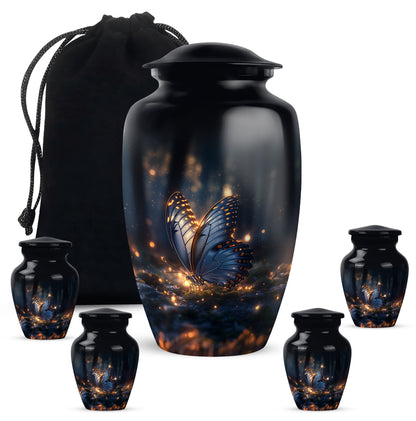 Ebony Butterfly Cremation Urn top-down view of secure threaded lid - classic sculpted butterfly pattern on smooth aluminum - memorial set with one large and four small urns