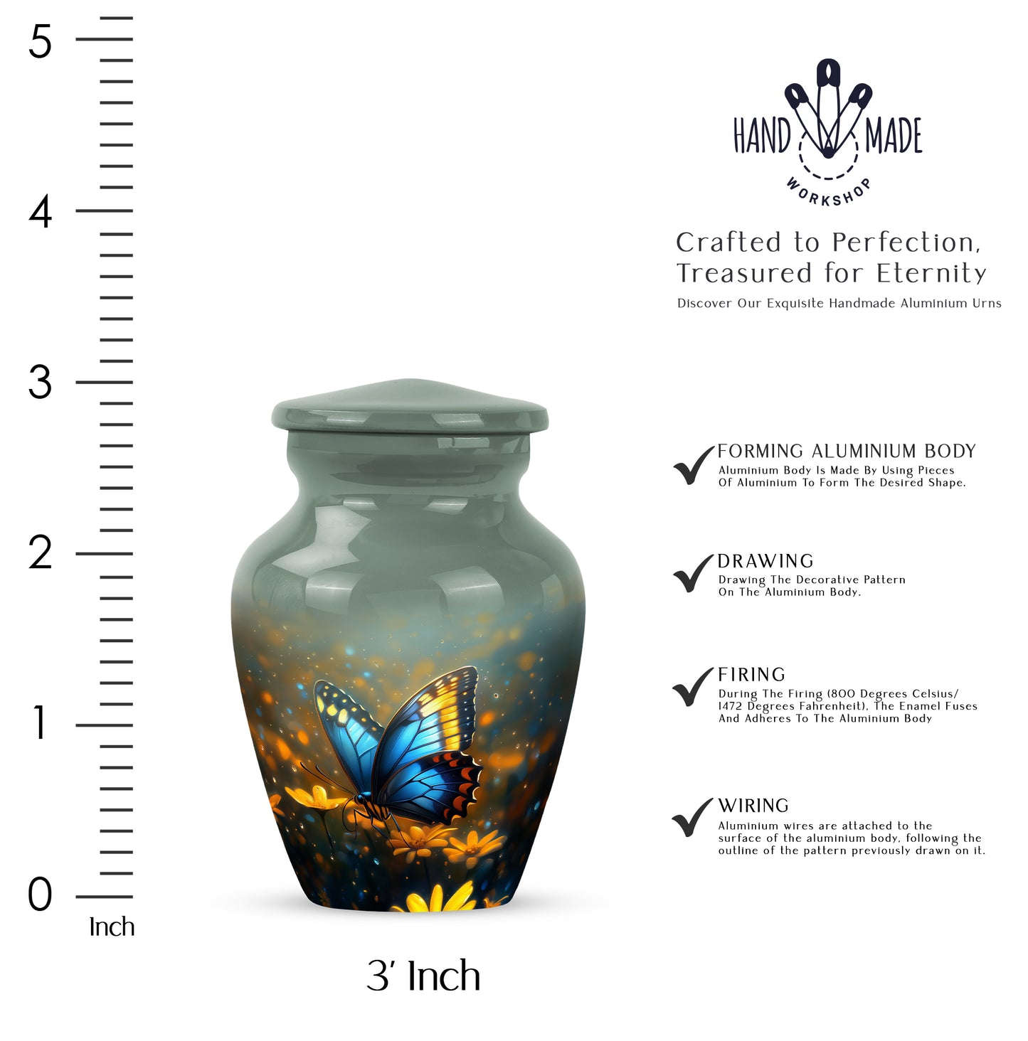 Mist Gray Butterfly Cremation Urn close-up of engraving and surface detail - timeless butterfly motif etched into premium metal - mini keepsake memorial for portion of cremation ashes
