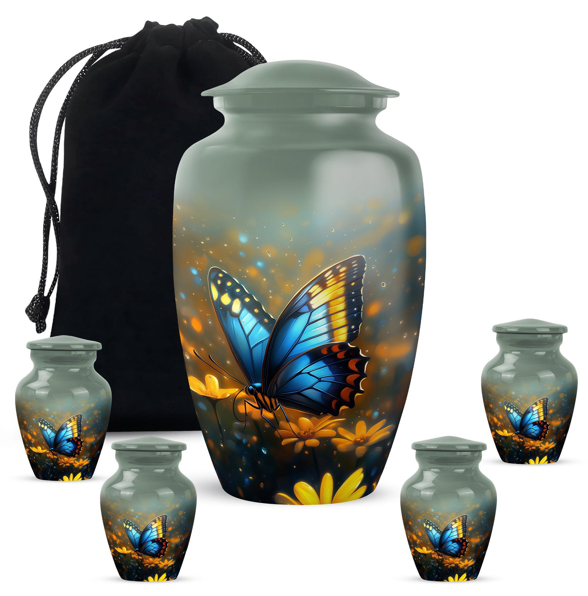 Dove Gray Butterfly Cremation Urn top-down view of secure threaded lid - classic sculpted butterfly pattern on smooth aluminum - memorial set with one large and four small urns