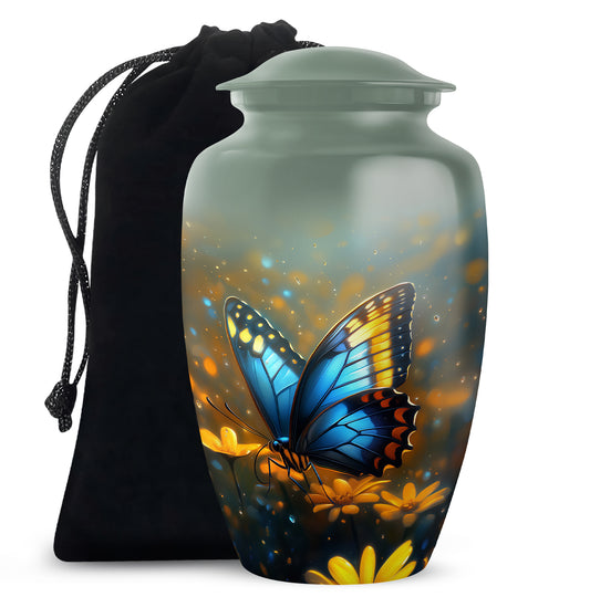 Steel Gray Butterfly Cremation Urn angled view of lid and engraved motif - traditional butterfly engraving with hand-polished finish - full-size 10 inch 200 cubic inch adult cremation urn