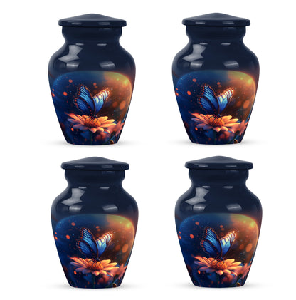 Vivid Blue Butterfly Cremation Urn side profile showing urn shape - traditional butterfly engraving with hand-polished finish - 10 inch aluminum urn for cremated remains