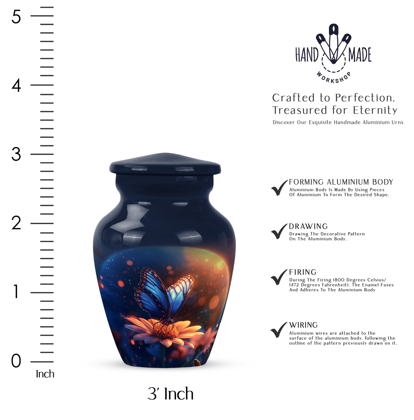 Serene Blue Butterfly Cremation Urn close-up of engraving and surface detail - elegant classic butterfly relief with fine detailing - mini keepsake memorial for portion of cremation ashes