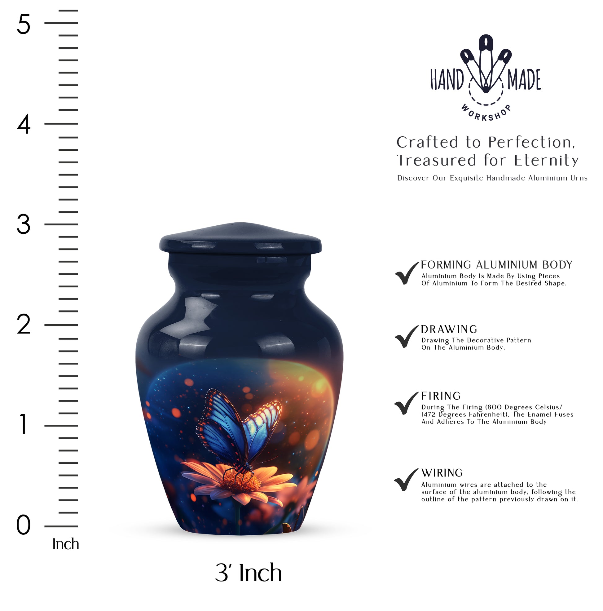 Serene Blue Butterfly Cremation Urn close-up of engraving and surface detail - elegant classic butterfly relief with fine detailing - mini keepsake memorial for portion of cremation ashes