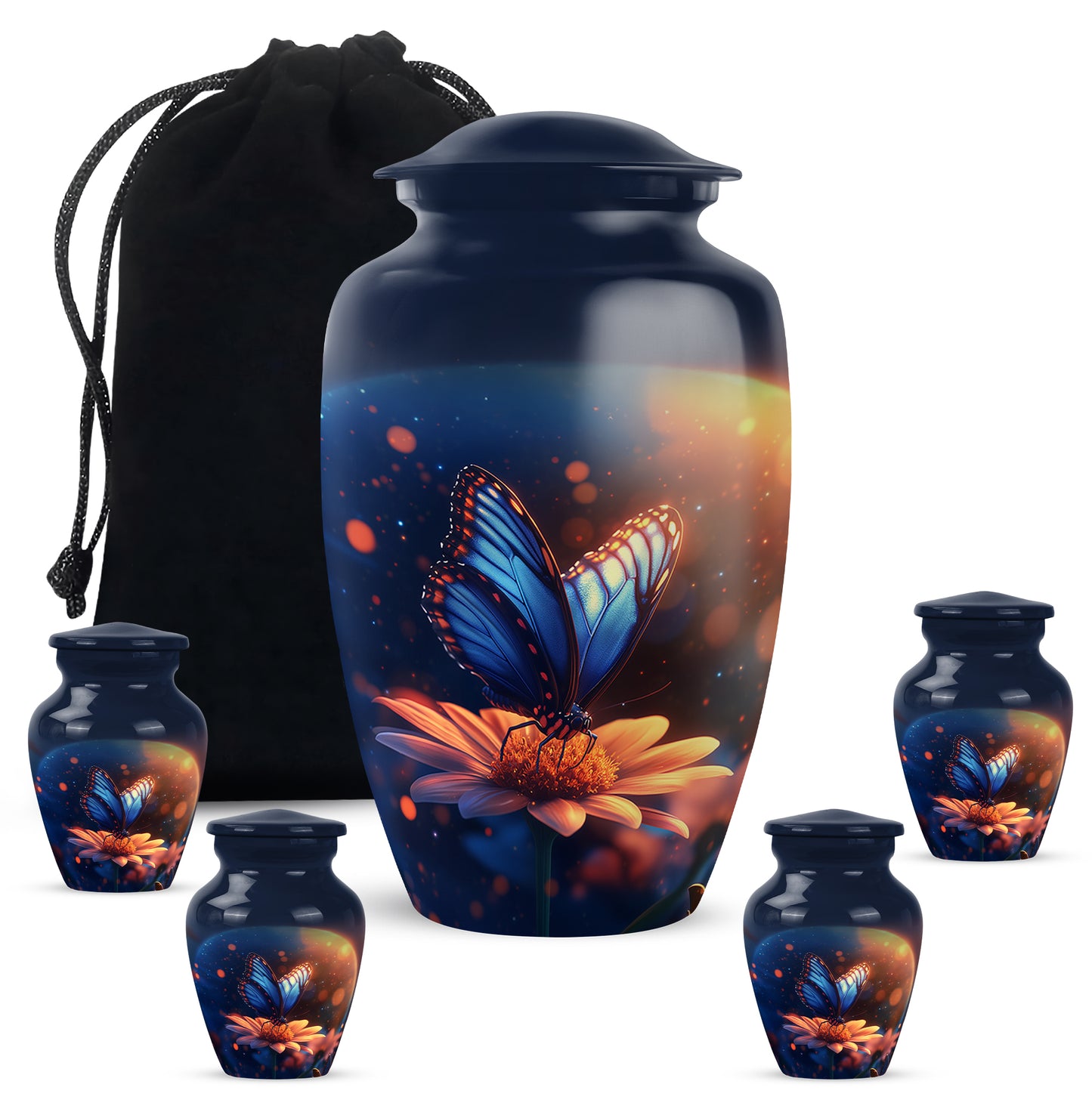 Sapphire Blue Butterfly Cremation Urn top-down view of secure threaded lid - traditional butterfly engraving with hand-polished finish - memorial set with one large and four small urns