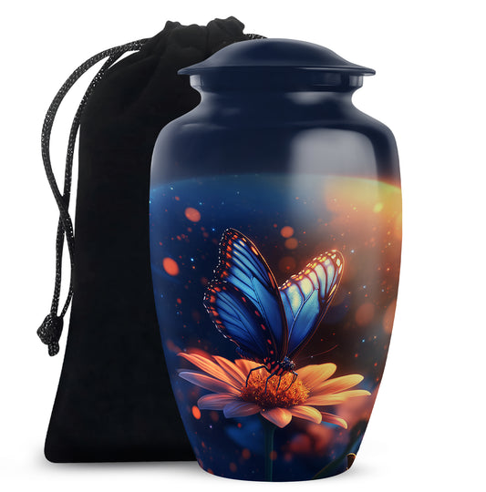 Royal Blue Butterfly Cremation Urn angled view of lid and engraved motif - elegant classic butterfly relief with fine detailing - full-size 10 inch 200 cubic inch adult cremation urn