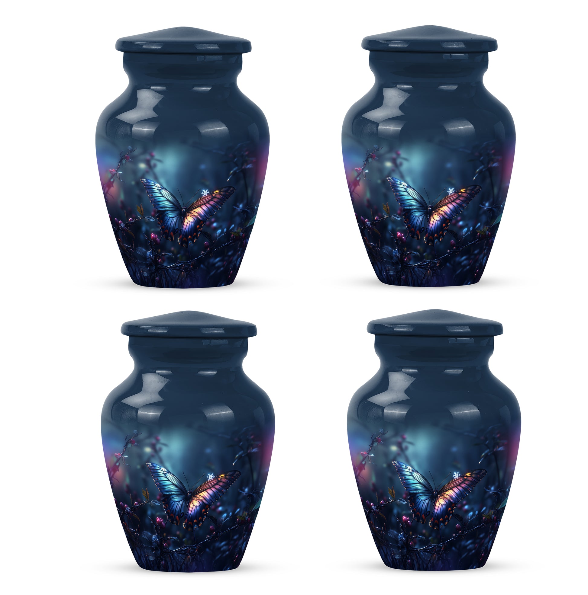 Twilight Blue Butterfly Cremation Urn side profile showing urn shape - traditional butterfly engraving with hand-polished finish - 10 inch aluminum urn for cremated remains