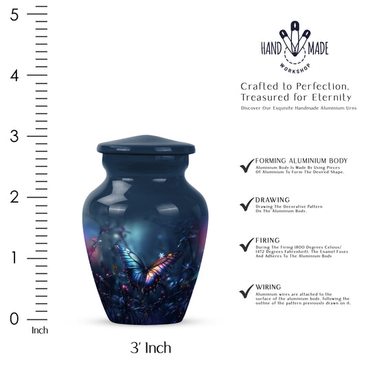 Sapphire Blue Butterfly Cremation Urn close-up of engraving and surface detail - elegant classic butterfly relief with fine detailing - mini keepsake memorial for portion of cremation ashes