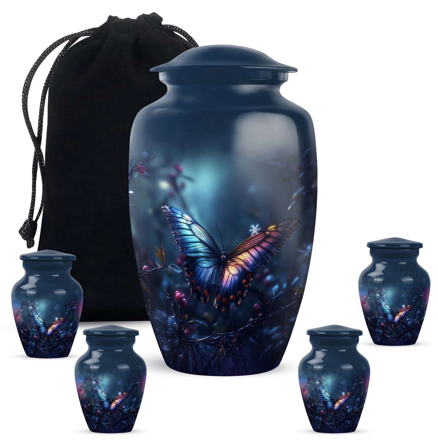 Twilight Blue Butterfly Cremation Urn top-down view of secure threaded lid - elegant classic butterfly relief with fine detailing - memorial set with one large and four small urns